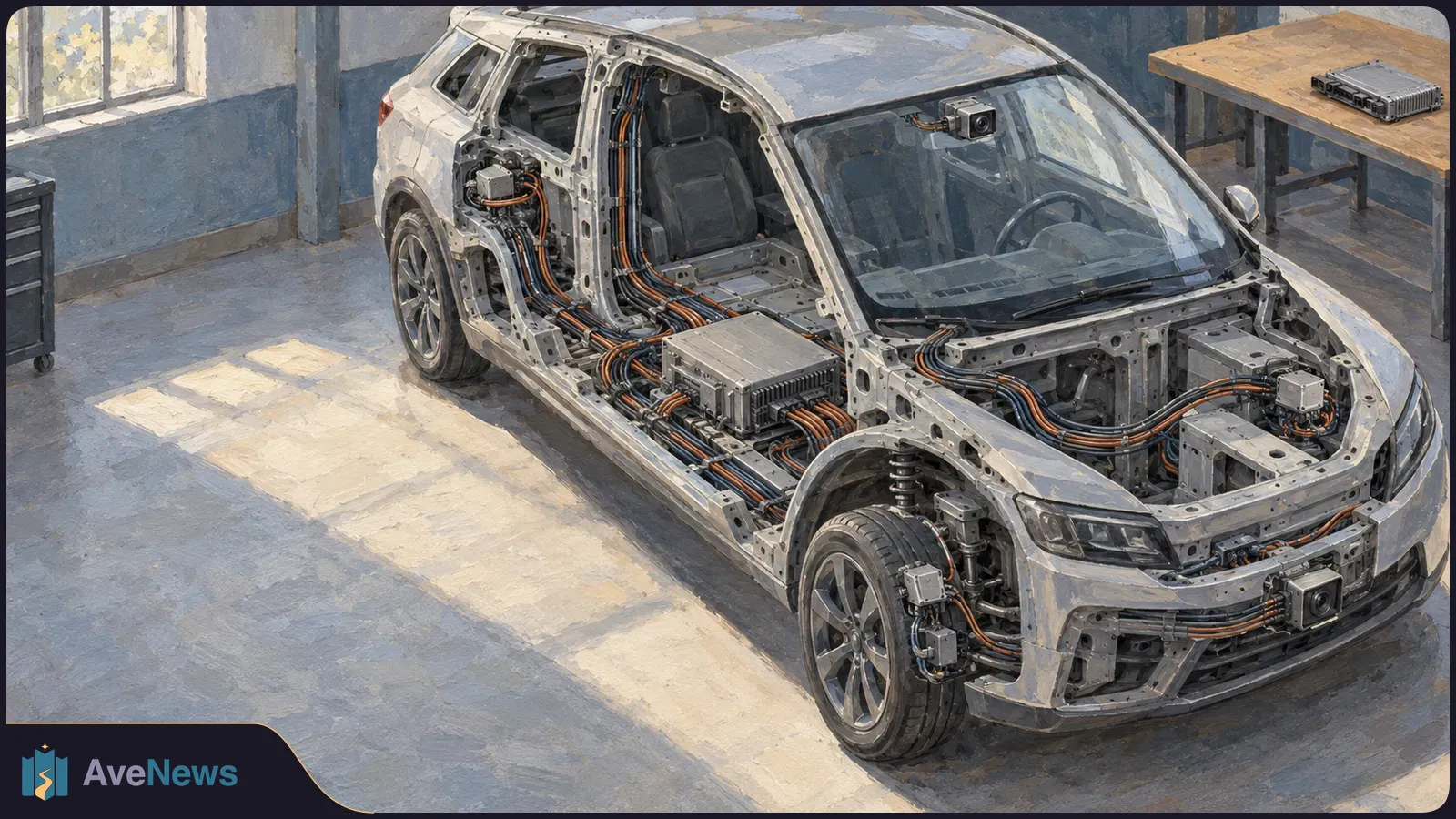 Painted cutaway of a car in a workshop, with exposed wiring, electronic modules and small cameras throughout the body. SI illustration