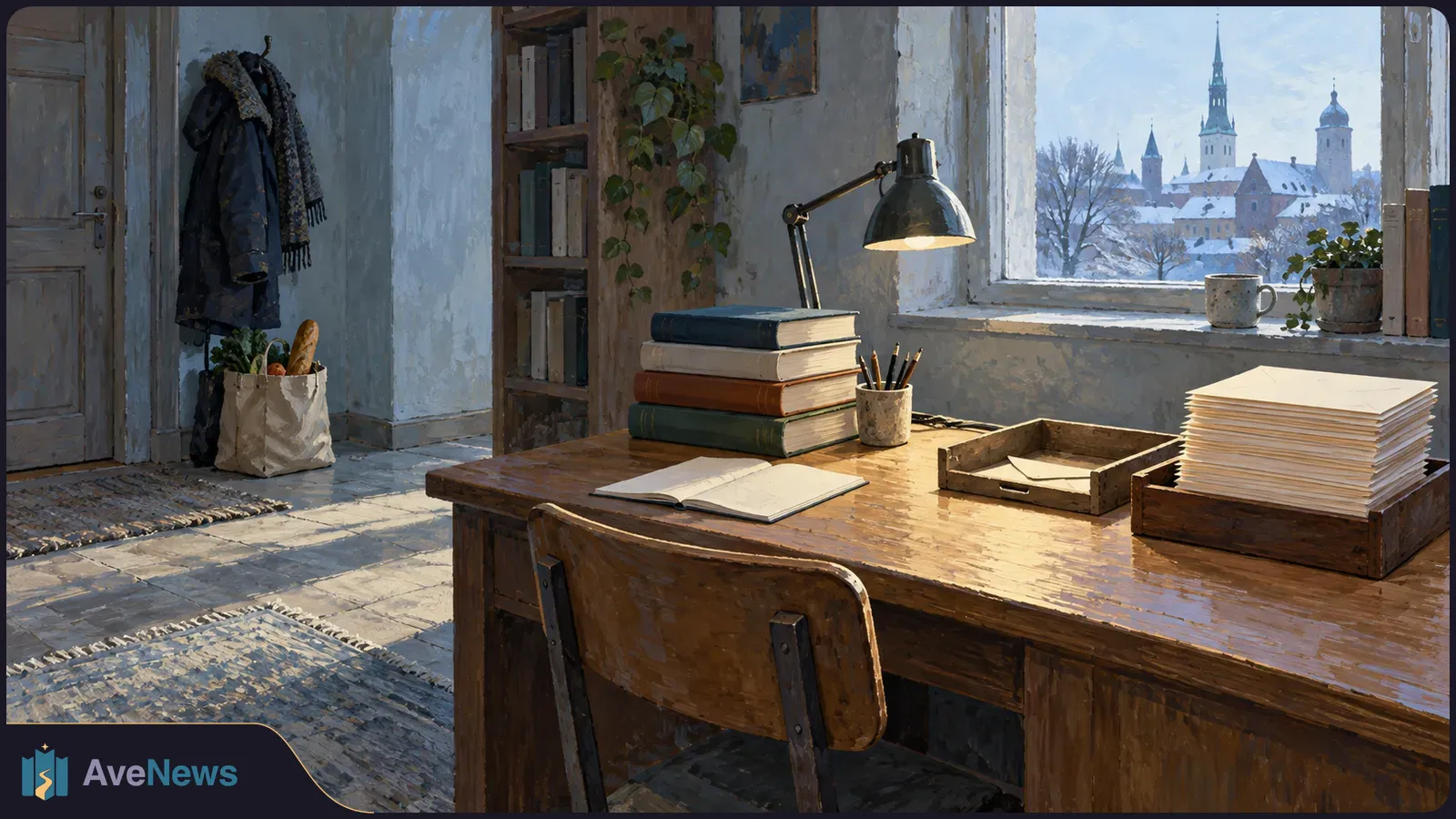 A painted study room with books, a lamp, a notebook and blank papers on a wooden desk; a snowy city skyline is visible through the window. SI illustration