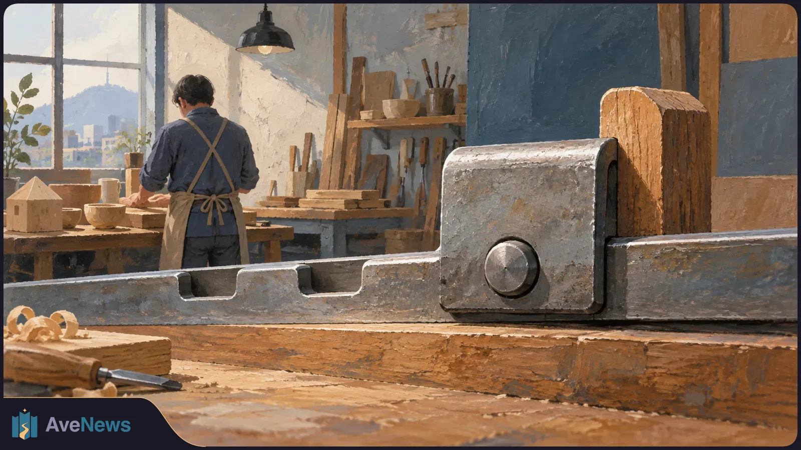 A painterly view of a woodworking shop: a person in an apron works at a bench behind a large metal tool, with chisels, wood shavings and a city view through the window. SI illustration