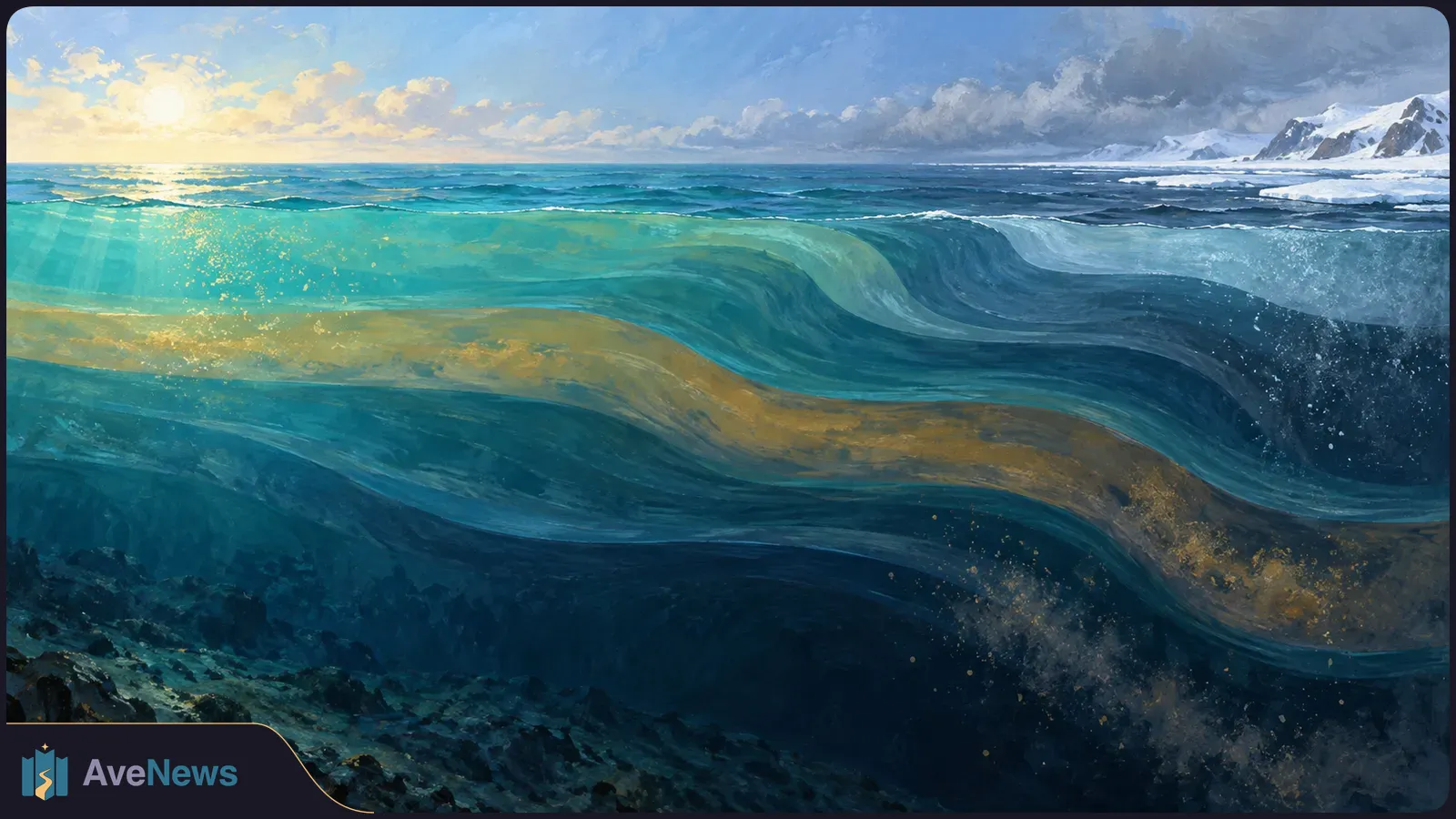 Painted cutaway of the ocean, with turquoise and dark blue water layers curving into the depths beneath a sunlit surface; snowy mountains line the distant shore. SI illustration