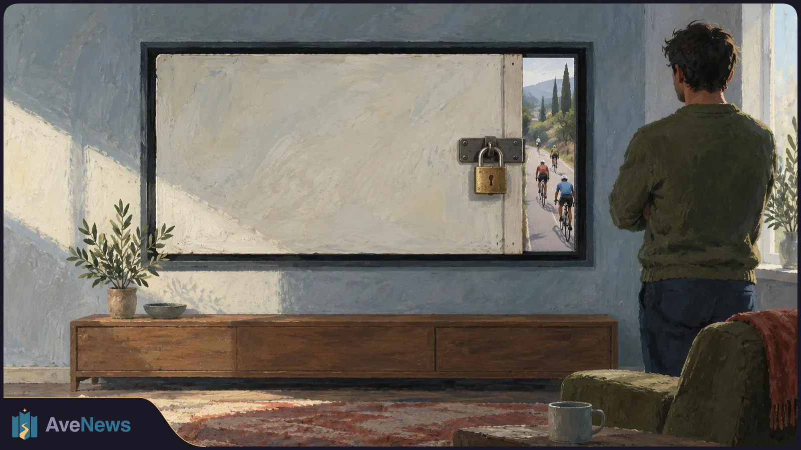 Illustration of a man facing a padlocked panel. Through a narrow opening, cyclists ride along a road. A cabinet, plants, chair and mug fill the room. SI illustration