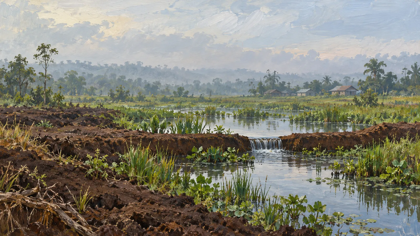 A painted wetland landscape with muddy banks, aquatic plants and water spilling over a low earthen ridge. Small houses and trees sit in the distance beneath a cloudy sky. SI illustration