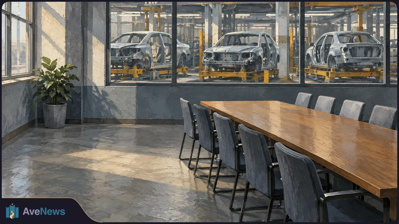 An empty meeting room with a long wooden table and gray chairs overlooks three unfinished car bodies on an assembly line. SI illustration