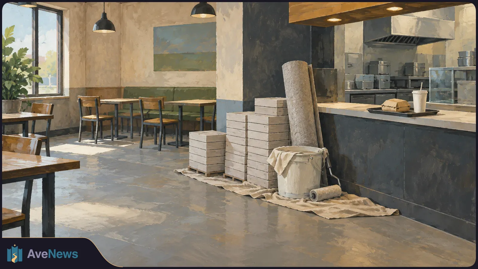 Painted view of an empty restaurant with stacked boxes, a paint bucket and a rolled material beside the counter. A wrapped sandwich and drink sit on a tray. SI illustration