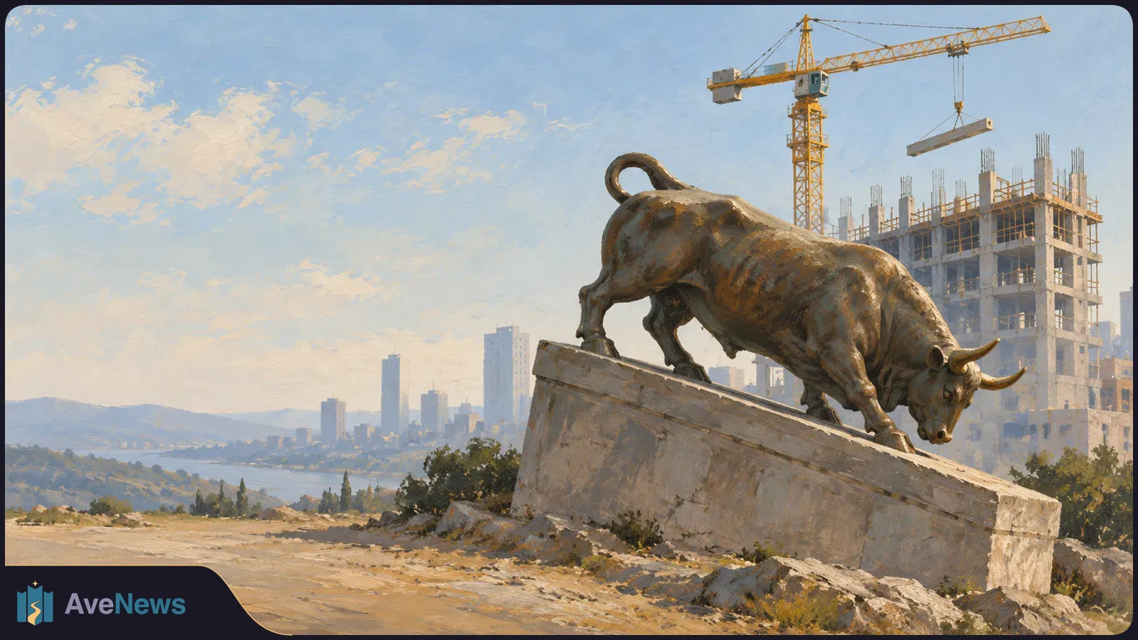A painted bronze bull stands on a downward-sloping stone plinth, with a crane lifting a beam beside an unfinished high-rise and a distant city. SI illustration