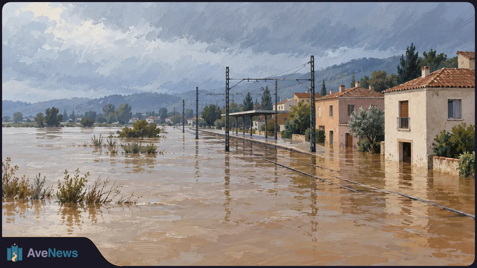 A painted scene of muddy floodwater covering railway tracks beside a platform and nearby houses under a stormy sky. SI illustration