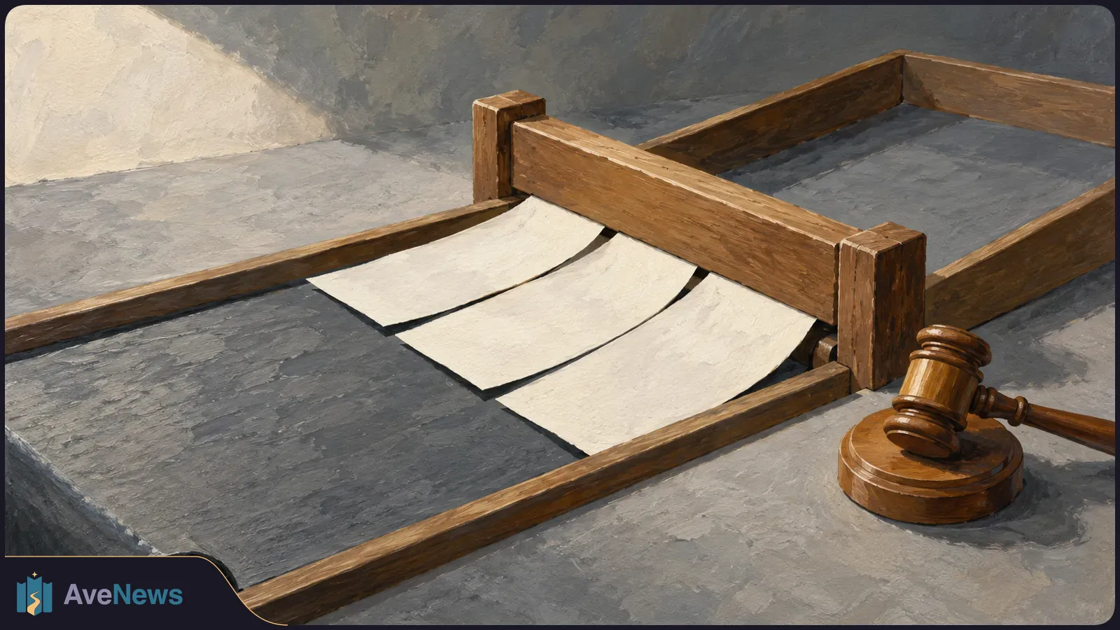 Painterly illustration of three blank sheets emerging beneath a wooden frame, with a judge’s gavel on a round base beside it. SI illustration