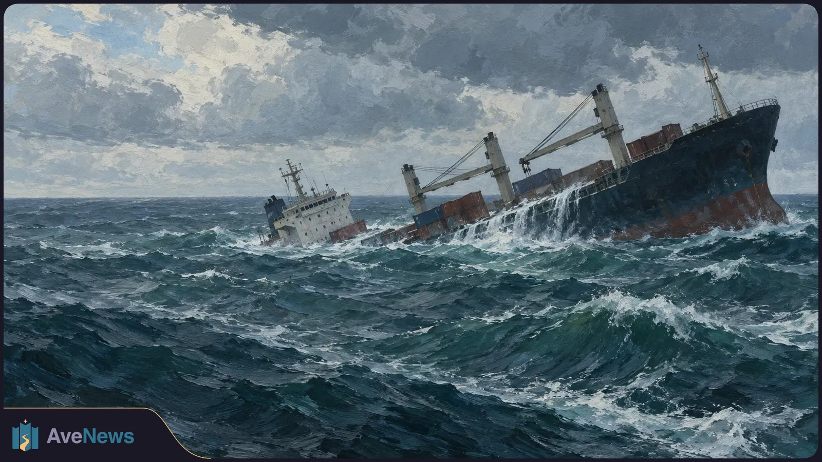 A painted cargo ship lists in rough seas, with waves washing over its deck beneath dark clouds. SI illustration