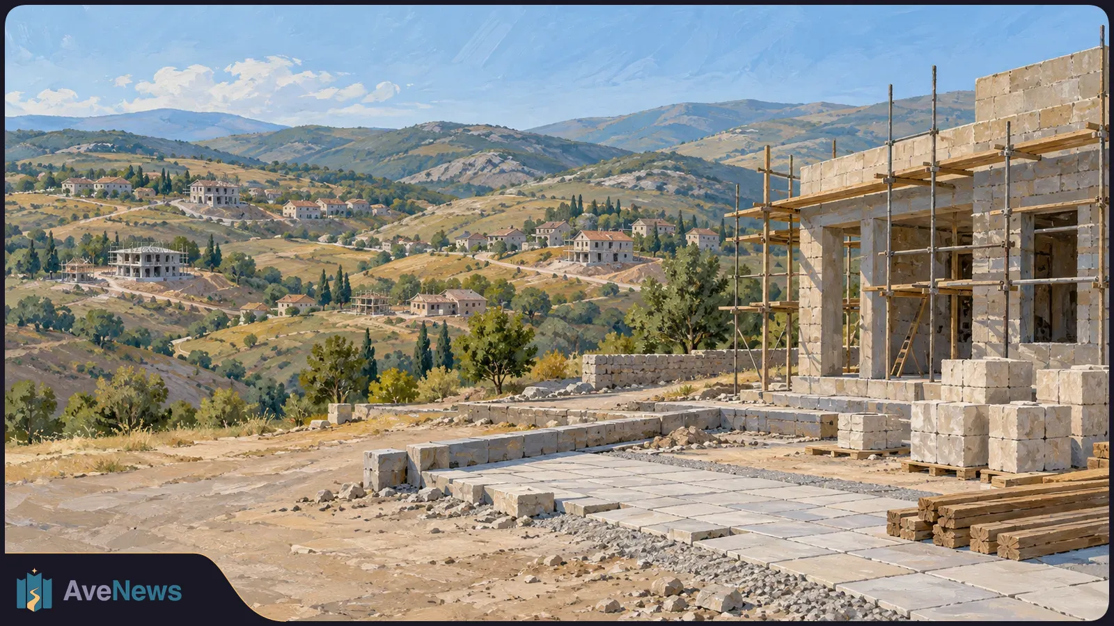 Illustration of an unfinished stone building with scaffolding and stacked blocks, overlooking hills dotted with houses and other construction sites. SI illustration