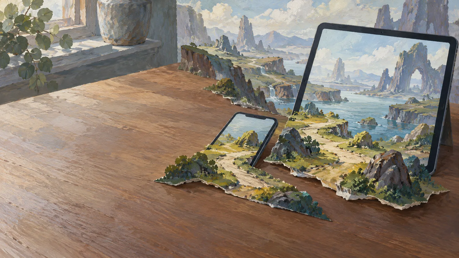 A painted scene shows a phone and tablet on a wooden table, with rocky coastal landscapes extending from their screens. SI illustration