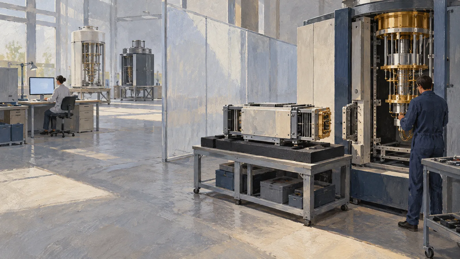 In a bright laboratory, one person sits at a computer while another works beside a large open machine with gold-colored components. Cylindrical equipment stands in the background. SI illustration