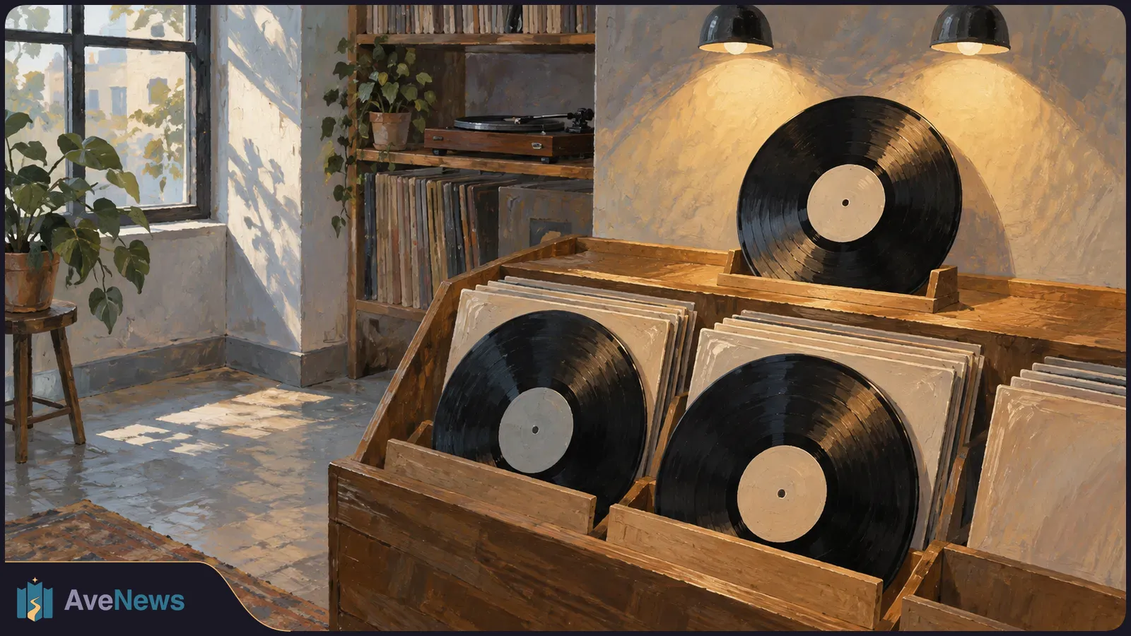 Vinyl records fill wooden bins in a sunlit room. A turntable and more records sit on a shelf behind them, with plants by the window. SI illustration