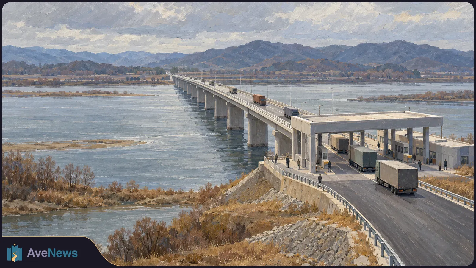 Painted view of trucks crossing a long bridge over a wide river, with a checkpoint, small figures and mountains under a cloudy sky. SI illustration