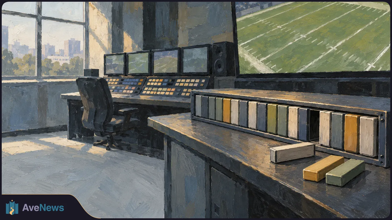 Painted football broadcast control room with an empty chair, small monitors, a field on a large screen, and rows of rectangular blocks, three lying loose on the desk. SI illustration