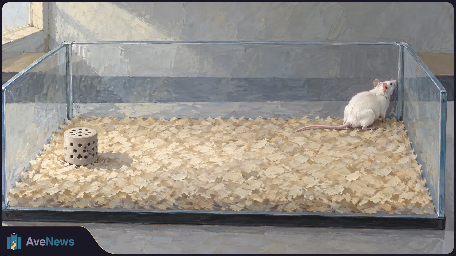 A white mouse stands in the corner of a clear-sided enclosure lined with wood shavings, across from a small perforated cylinder. SI illustration