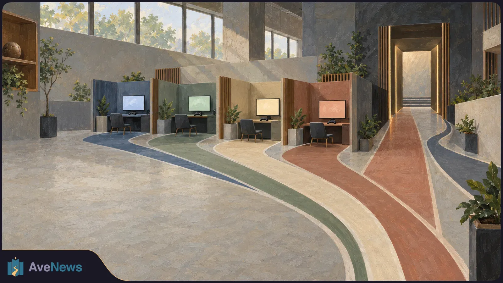 Painted interior with four colored gaming booths, each with a chair, blank monitor and controller; a football sits on a shelf beside them. SI illustration