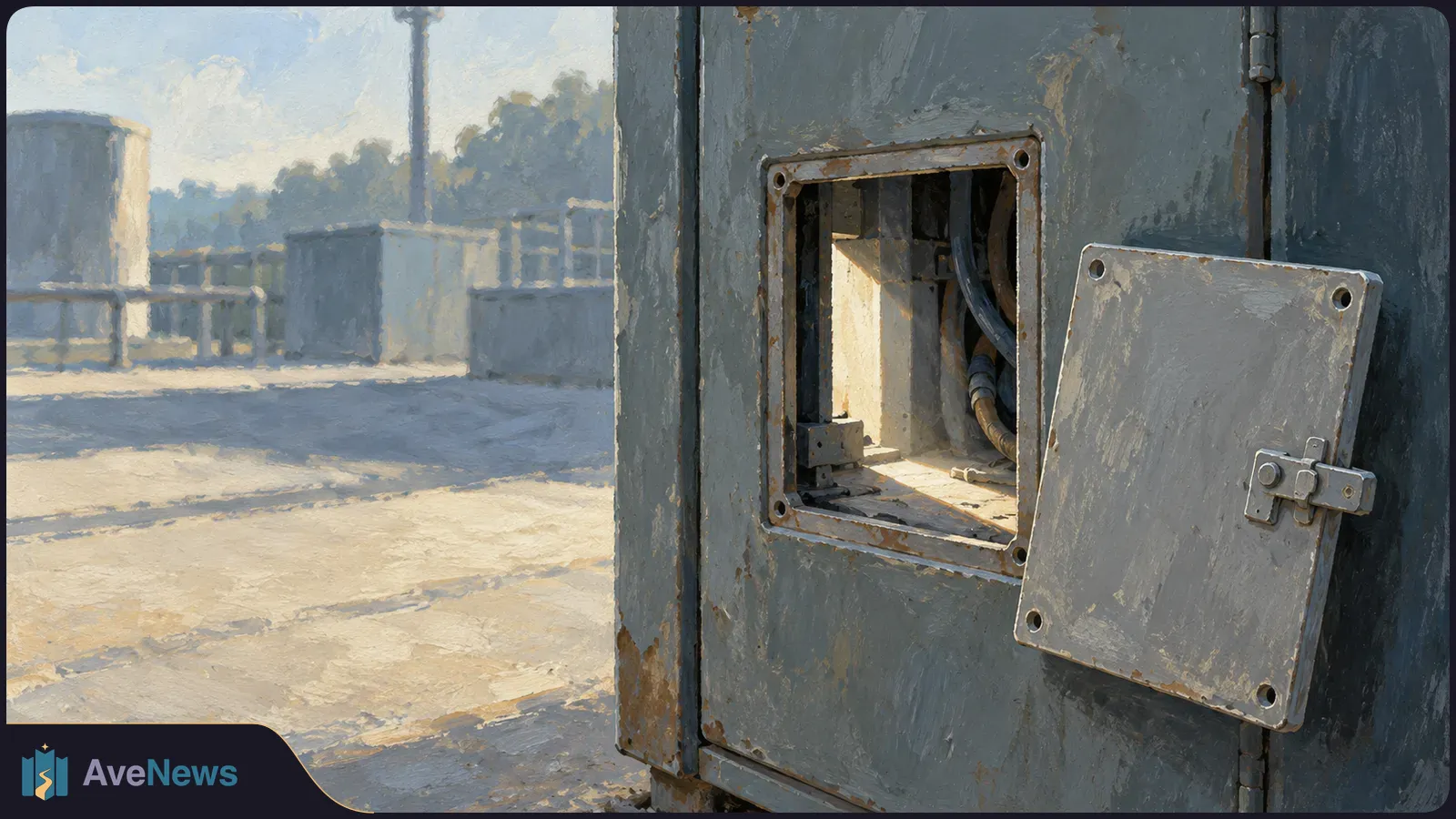 Painterly view of a gray industrial cabinet with an access panel swung open, exposing cables inside. Industrial tanks and piping stand in the sunlit background. SI illustration