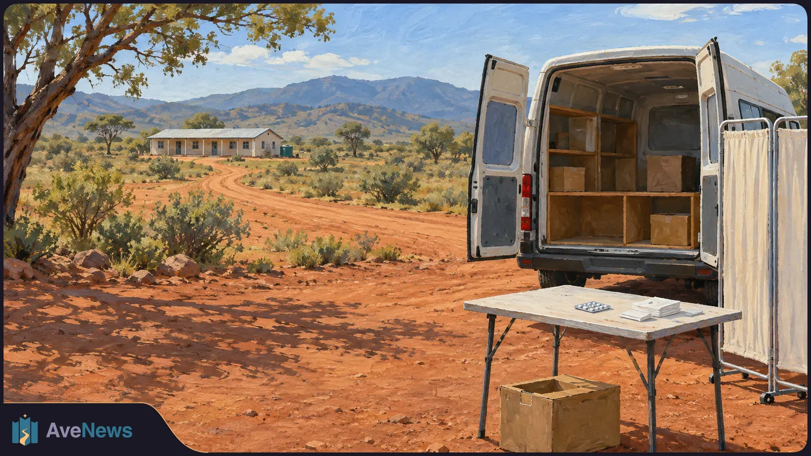 Painted rural scene with an open white van holding boxes, a folding table with a blister pack and papers, and a cream privacy screen beside a red dirt road. SI illustration