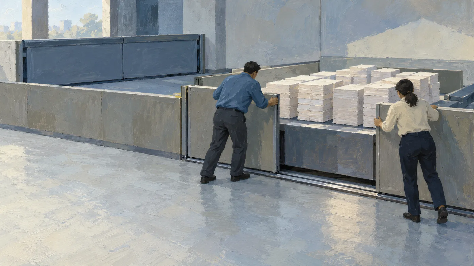 A painterly scene shows two people beside a large industrial platform stacked with white sheets, each holding a gray panel. SI illustration