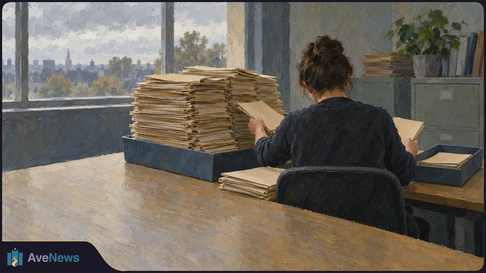 Painterly illustration of a person seen from behind sorting folders at a desk piled with files, with a city skyline visible through a window. SI illustration