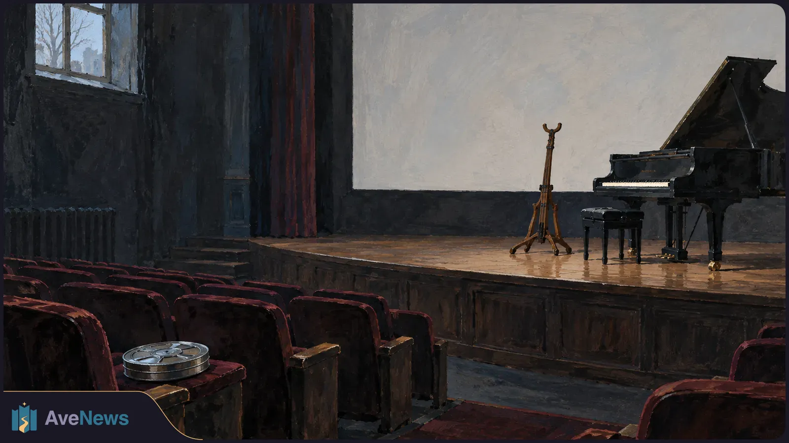 Painted view of an empty theater: a film reel rests on a red seat, while a grand piano, bench and wooden stand sit onstage. SI illustration