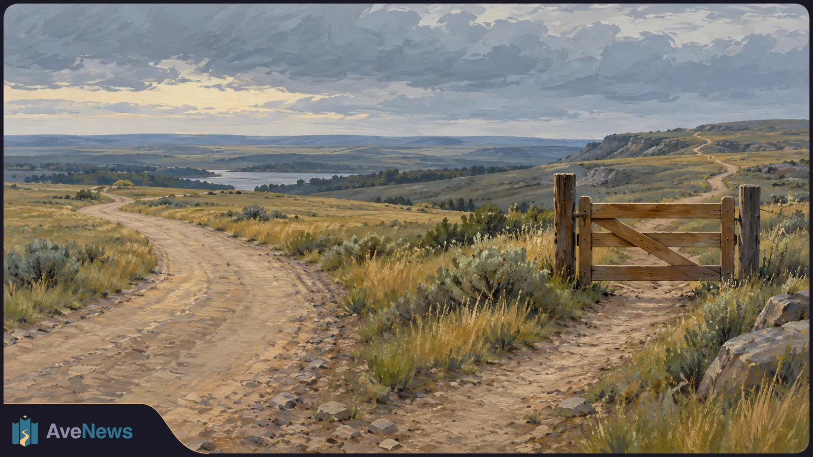 Painted landscape of a dirt road winding through grassy hills beside a wooden gate, with water in the distance beneath a cloudy sky. SI illustration
