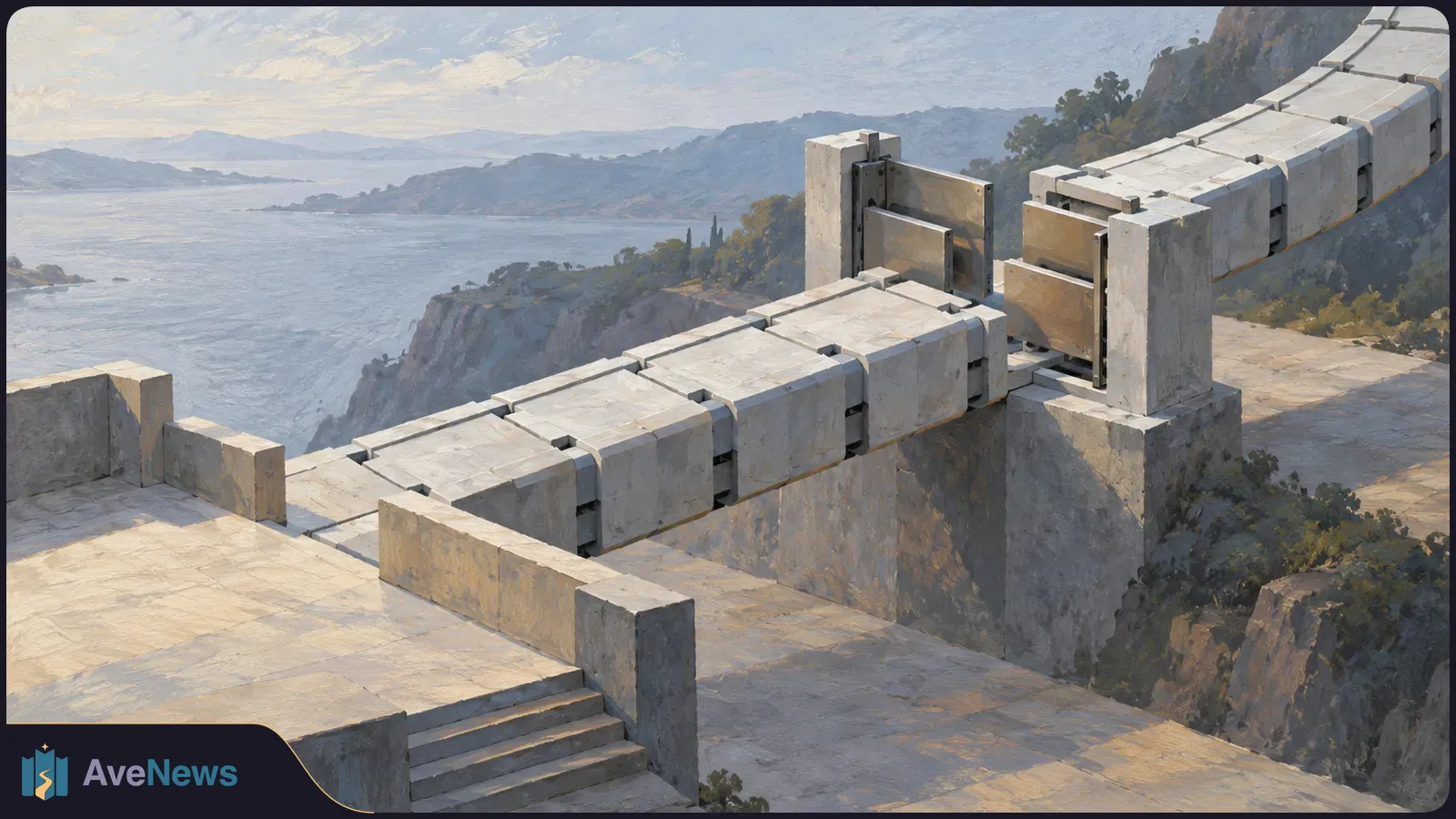 Painted view of a concrete bridge with metal joints crossing a rocky coastal gap, with water and distant hills beyond. SI illustration