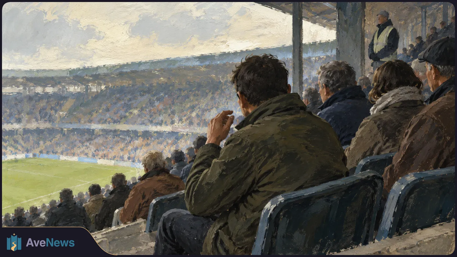 Painterly view of spectators seated in a crowded football stadium, with part of the pitch visible below and a high-visibility-vested attendant standing nearby. SI illustration