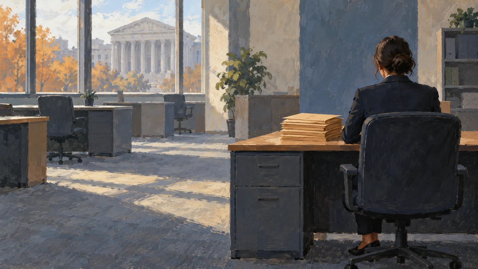 Illustration of a woman seated at a desk with a stack of folders in a sunlit office. A columned building and autumn trees are visible through the windows. SI illustration
