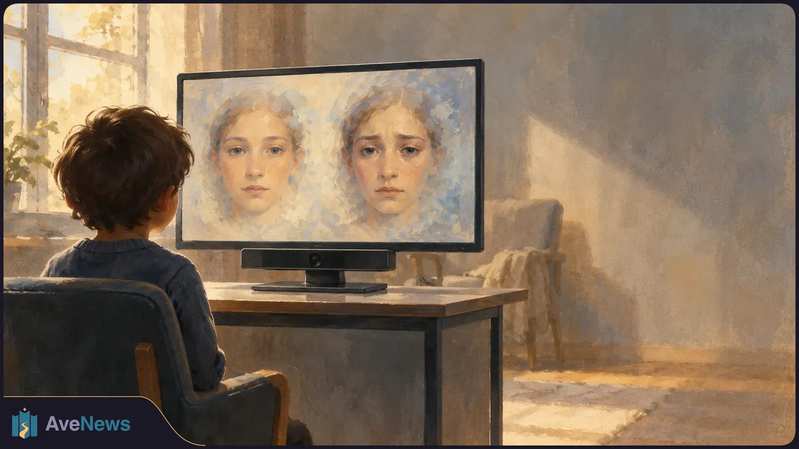 A child seen from behind faces a monitor showing two young faces, one neutral and one sad, in a sunlit room. SI illustration
