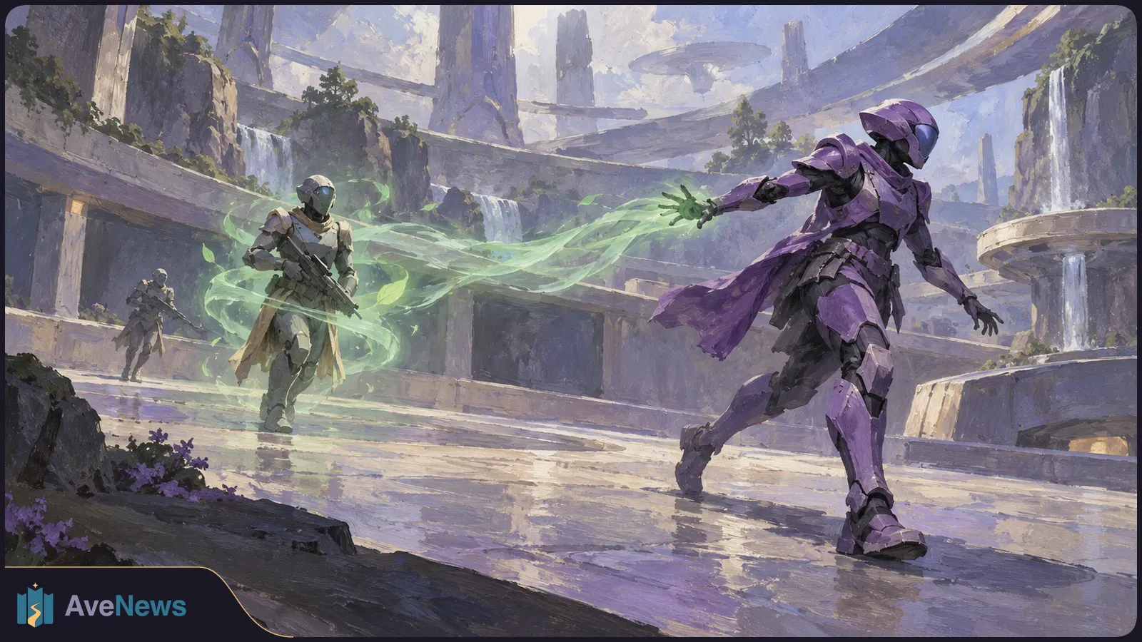 A purple-armored figure reaches toward a teammate surrounded by swirling green energy, while another armed figure follows through a futuristic courtyard. SI illustration