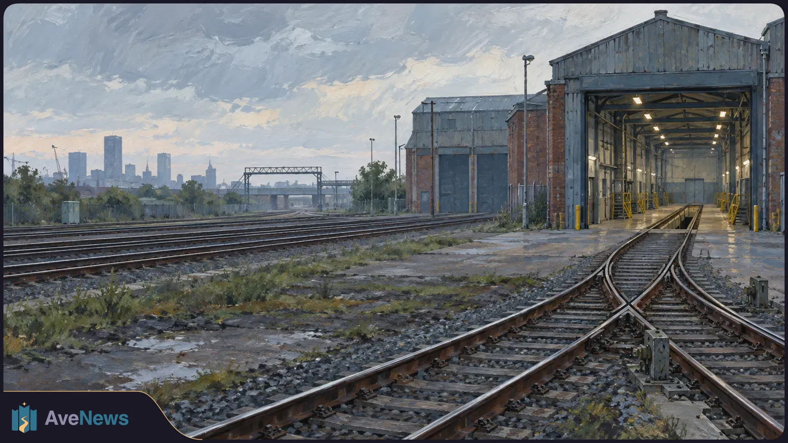 Painted view of railway tracks branching toward an open maintenance depot, with industrial buildings and a distant city skyline beneath a cloudy sky. SI illustration