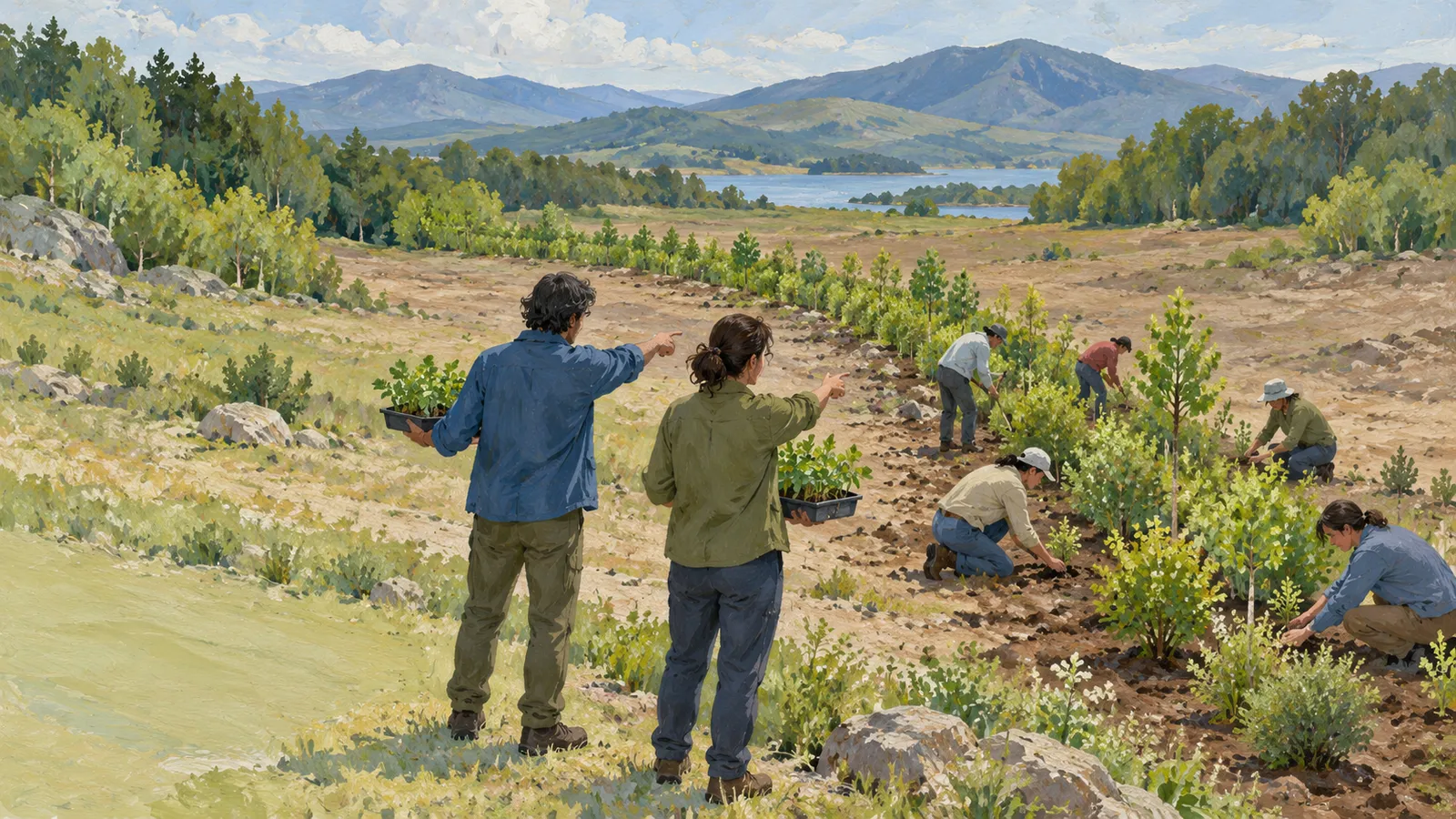 Illustration of people planting young trees on a rocky hillside, while two others hold seedling trays and point toward them. A lake and mountains lie beyond. SI illustration