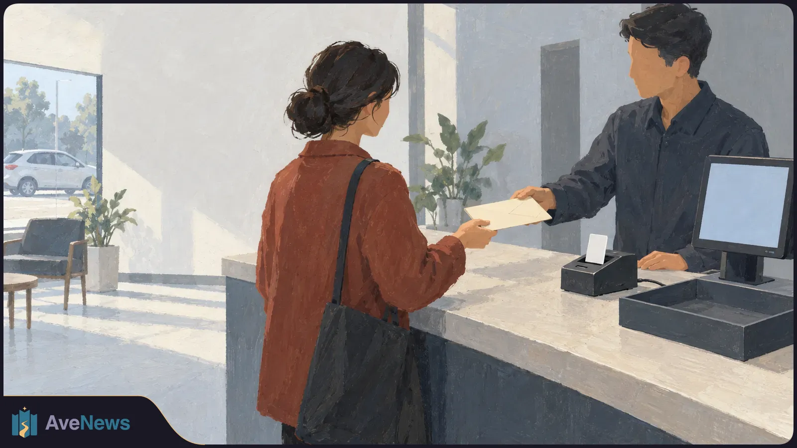 Illustration of a woman with a shoulder bag receiving an envelope from a man behind a counter. A blank monitor and small printer sit on the counter. SI illustration