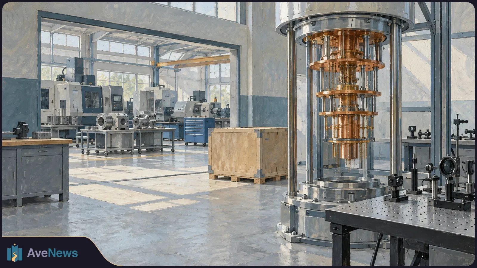 A painted industrial workshop with machine tools and metal parts. A tall, tiered gold-and-silver apparatus stands beside a worktable in the foreground. SI illustration