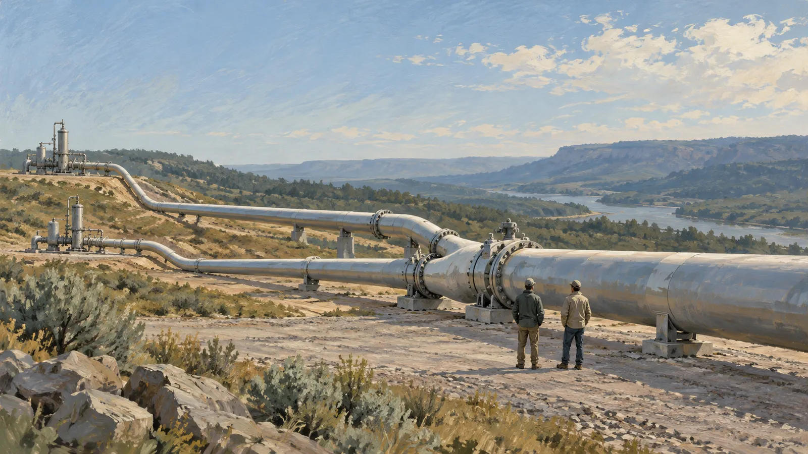 Two people stand beside large metal pipelines crossing a scrub-covered landscape, with a river and hills in the distance. SI illustration