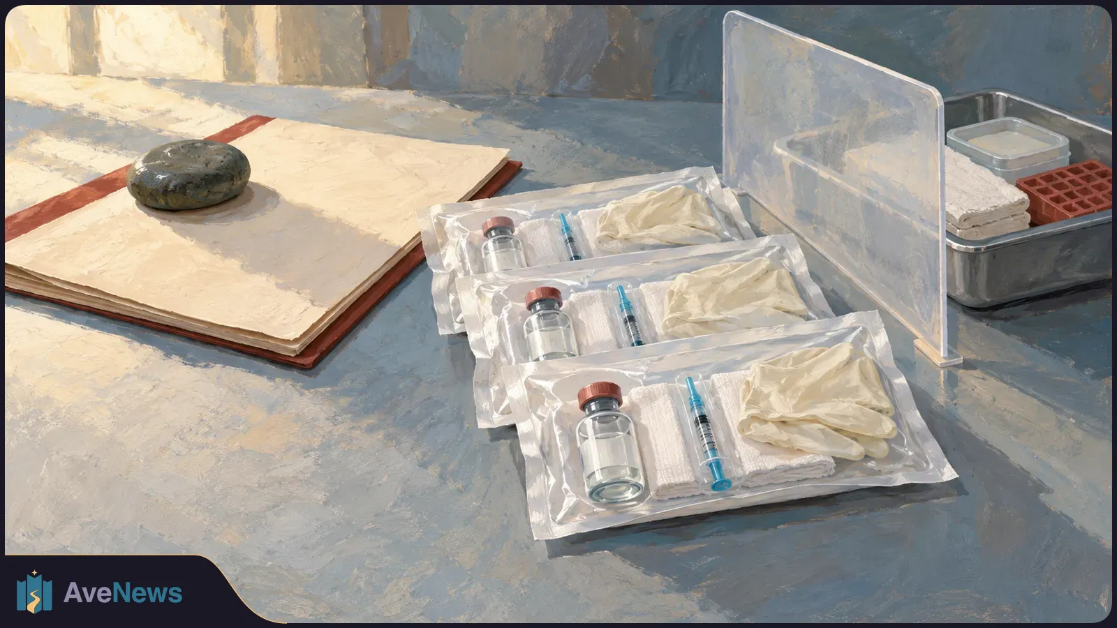 Painterly illustration of three sealed medical kits holding vials, syringes, gauze and gloves, beside an open folder and a metal tray. SI illustration
