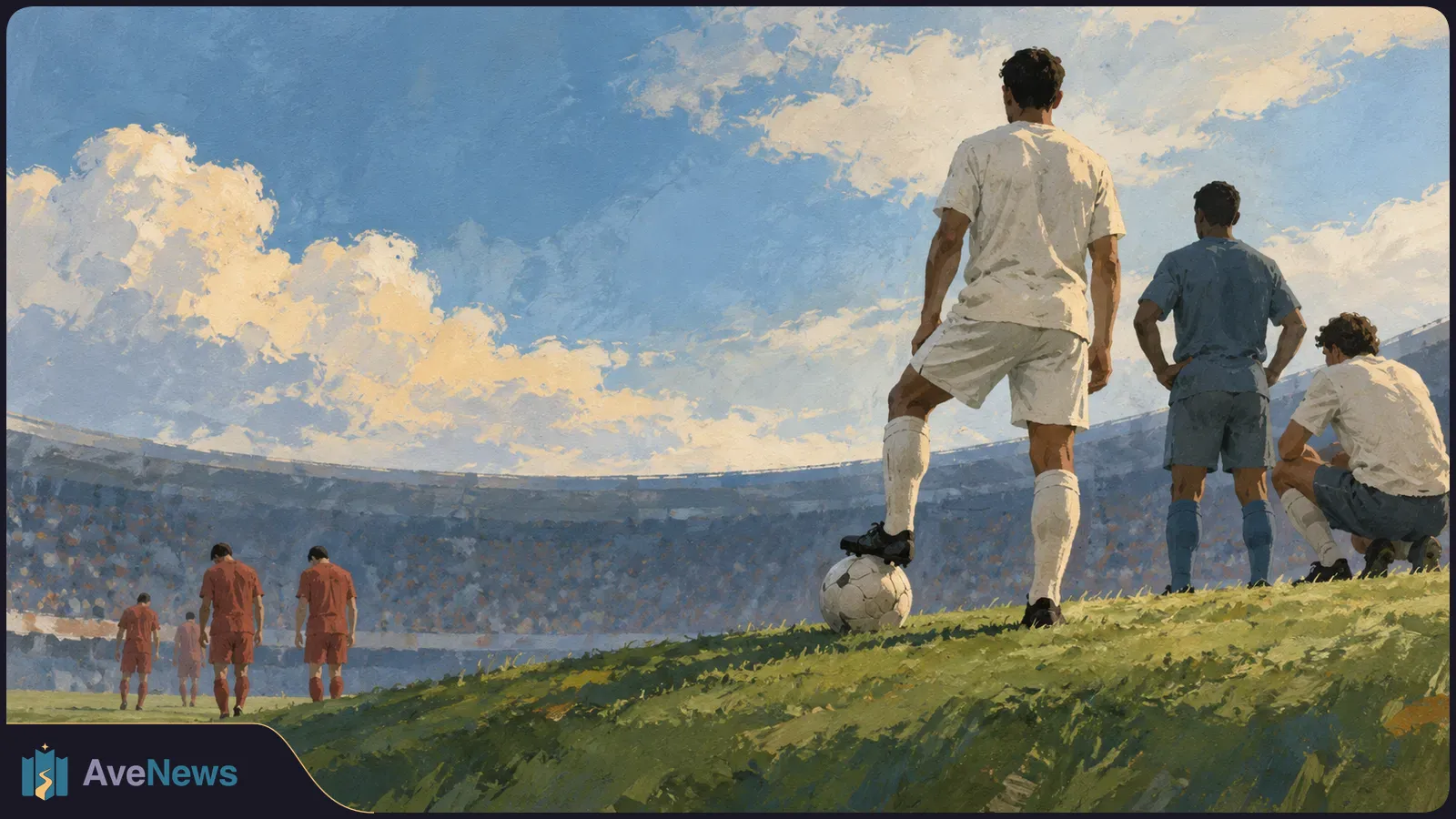 Illustration of soccer players on a grassy stadium field beneath a cloudy sky; one rests a foot on a ball while others stand or walk away. SI illustration