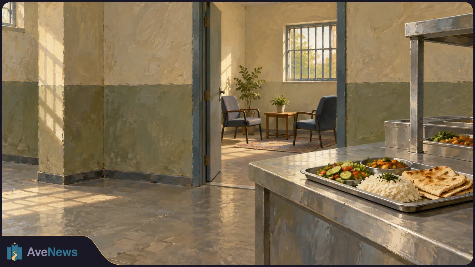 Painted interior with barred windows, a tray of rice, vegetables and flatbread on a metal counter, and an open doorway to two chairs and potted plants. SI illustration