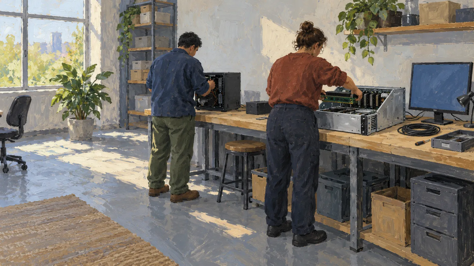 An illustration of two people working on open computer cases at a long workbench in a sunlit room with plants and shelves. SI illustration
