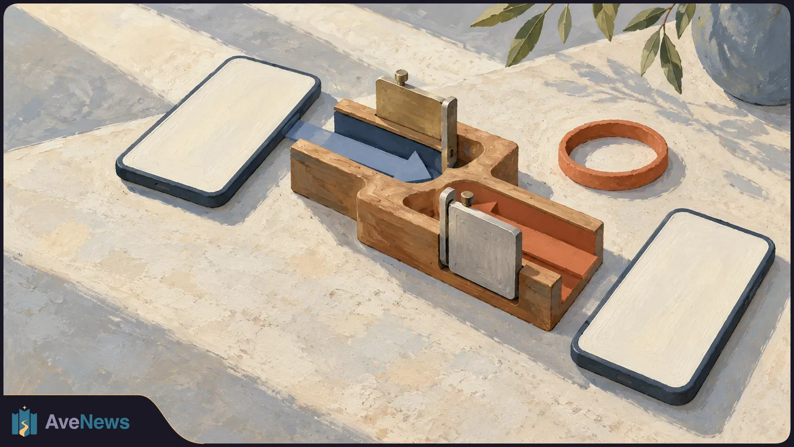 Painterly illustration of two blank-screen phones flanking a wooden mechanism with blue and orange arrows pointing in opposite directions. An orange ring and leaves are nearby. SI illustration