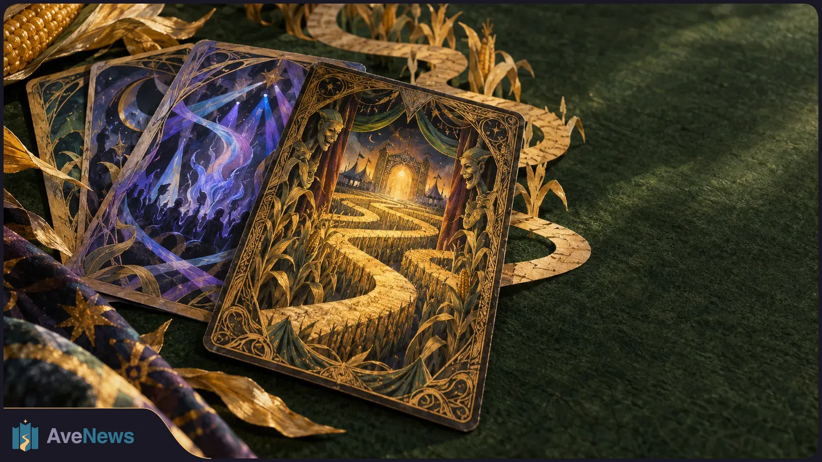 Three overlapping fantasy cards lie beside an ear of corn on dark green fabric. The front card shows a winding path through a cornfield toward a glowing arch. SI illustration