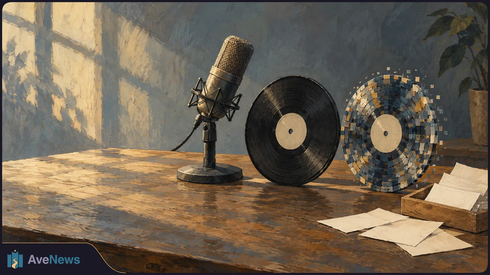 A studio microphone stands beside a black vinyl record and a second record breaking into square pixels on a sunlit wooden desk, with blank papers nearby. SI illustration