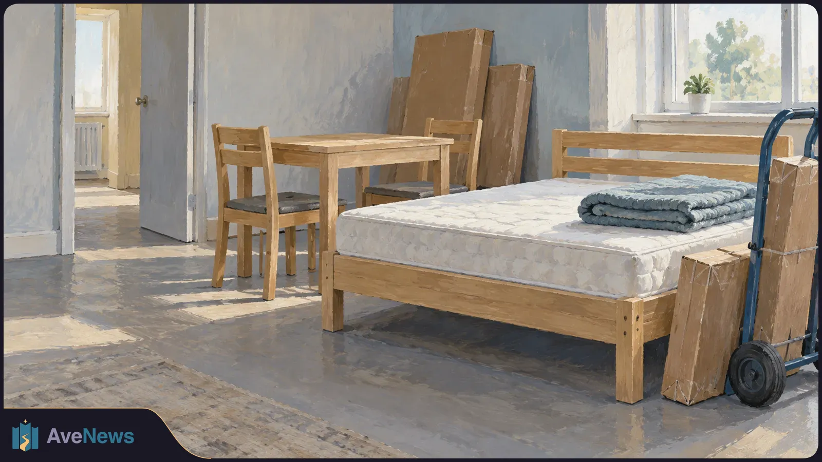 Illustration of a sparse room with a bed, folded blankets, a small table and chairs, cardboard boxes, and a hand truck by the window. SI illustration