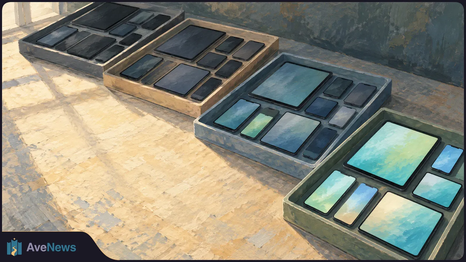 Four shallow trays hold phones and tablets of different sizes, with blank dark and blue-green screens, on a sunlit surface. SI illustration