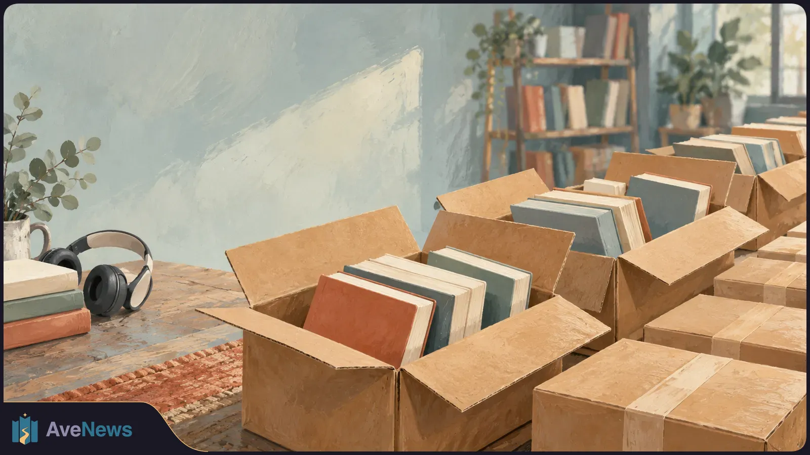Illustration of books in open cardboard boxes beside sealed parcels, with headphones on a wooden table and bookshelves and plants behind them. SI illustration