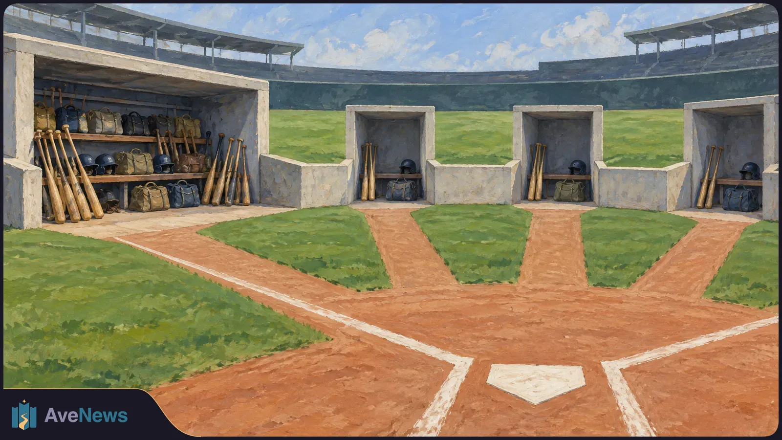 Painted view of an empty baseball field and dugouts, with bats, helmets and equipment bags beside the infield. SI illustration