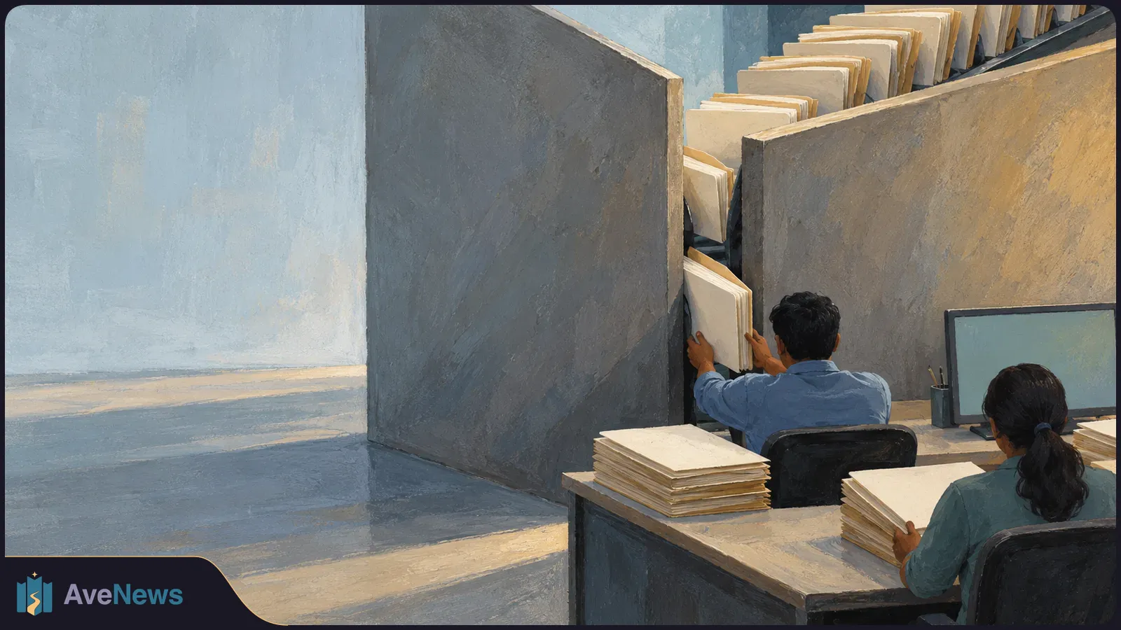Illustration of two people handling stacks of pale folders at desks beside a tall gray partition, with more folders lined up behind it. SI illustration