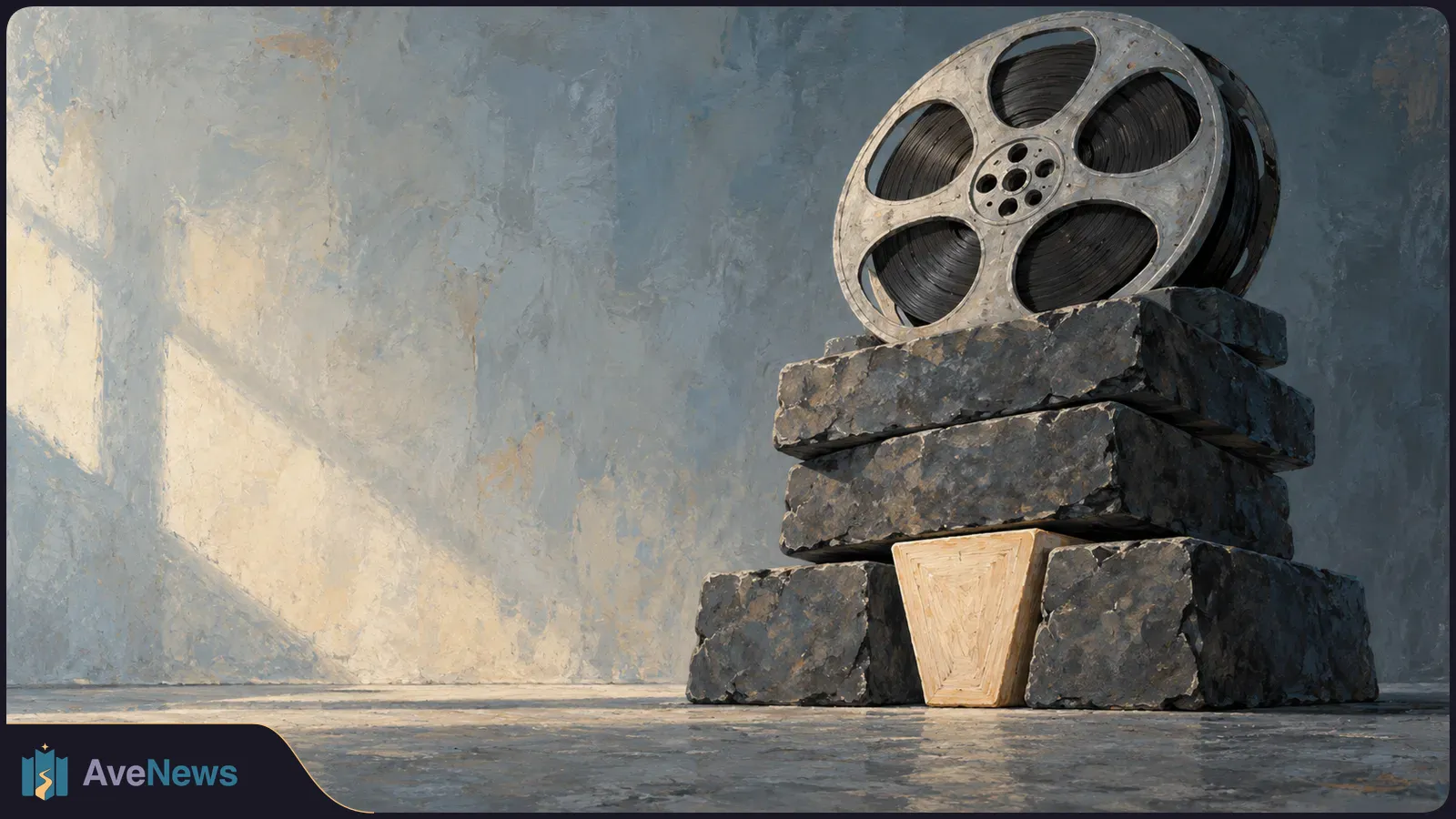 A large film reel rests on stacked dark stone blocks, with a pale wooden wedge at the base, against a sunlit gray wall. SI illustration