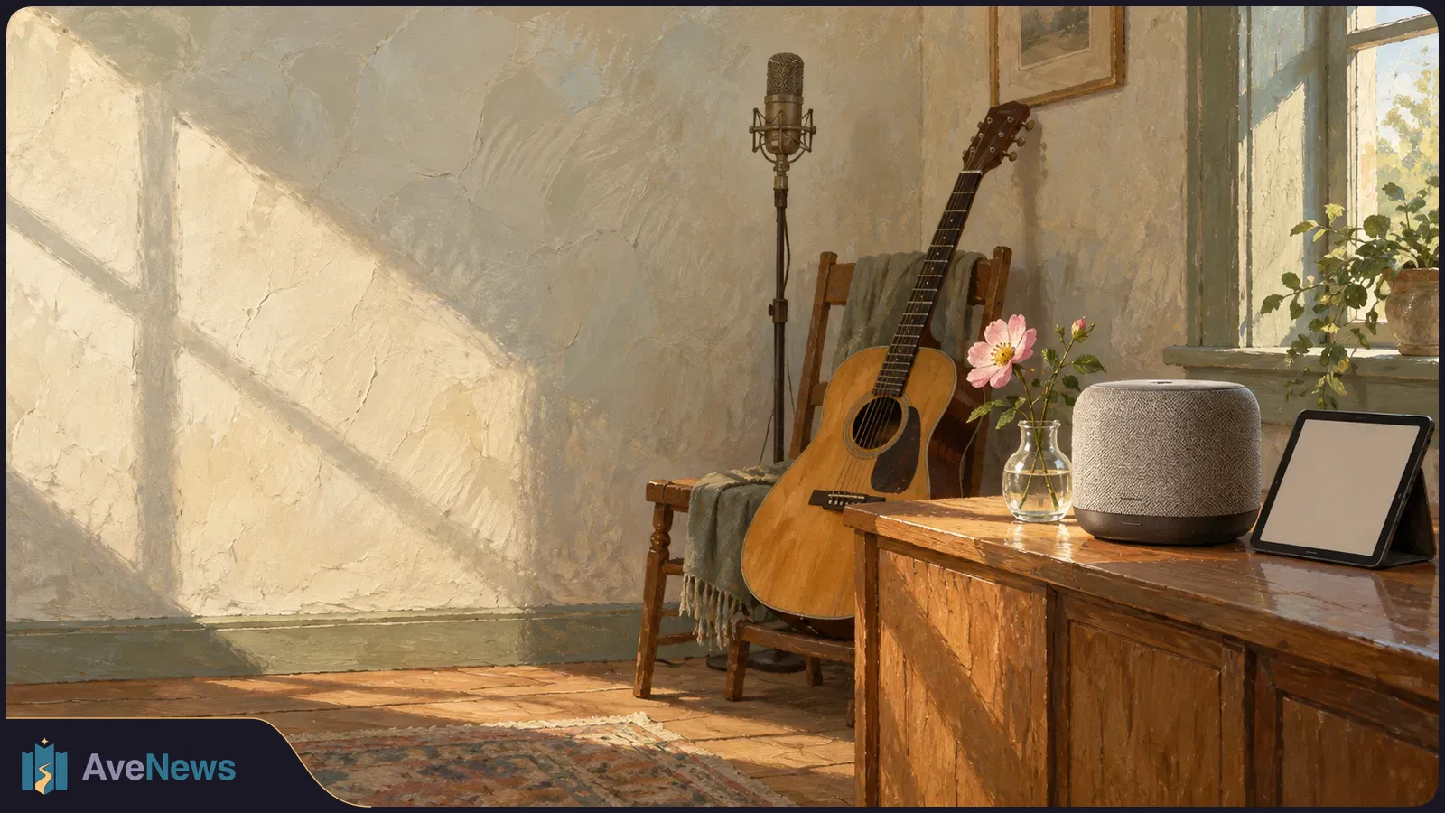A sunlit painted room with an acoustic guitar beside a chair and a microphone on a stand. A wooden table holds a gray speaker, a blank tablet, and a pink flower in a vase. SI illustration